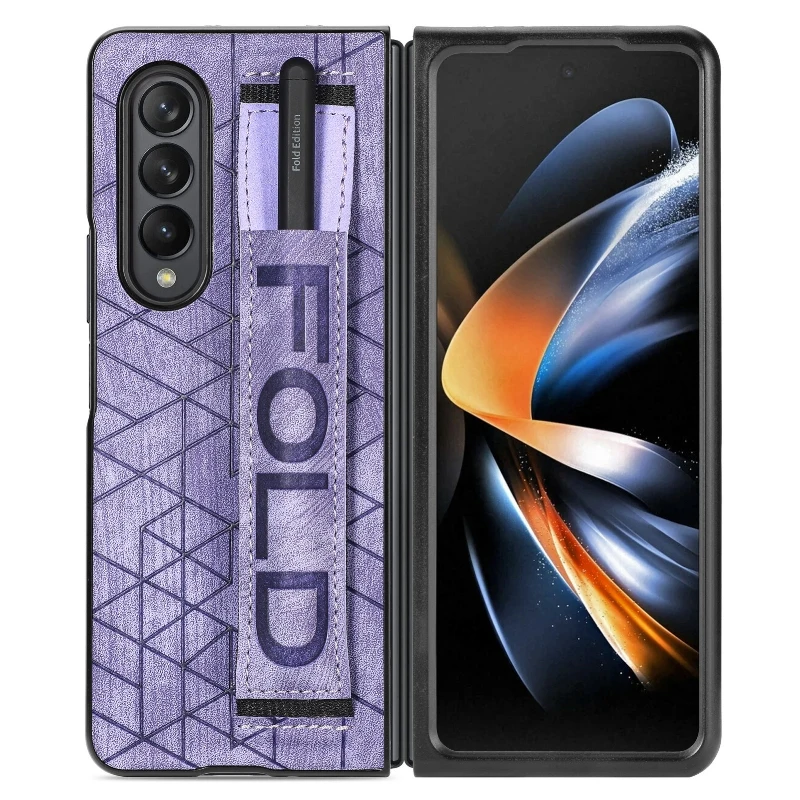 Wrist Strap Phone Case For Samsung Galaxy Z Fold 5 4 3 Phone Cover Shockproof Anti-Drop Back Cover With Pen Holder(Exclude Pen)