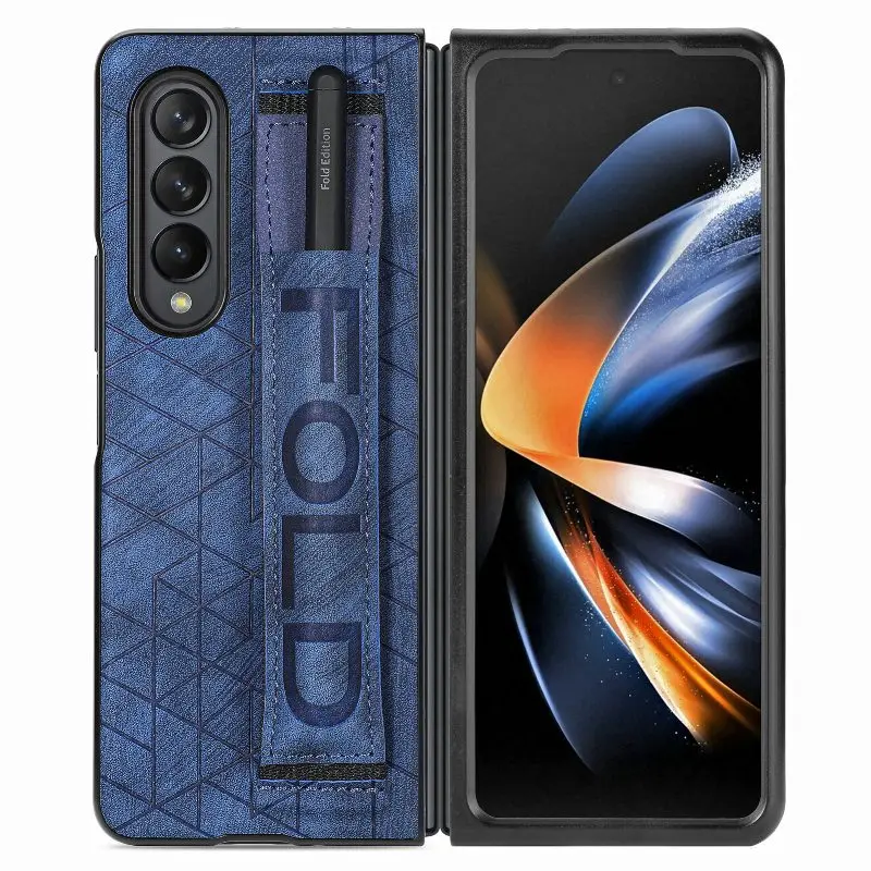 Wrist Strap Phone Case For Samsung Galaxy Z Fold 5 4 3 Phone Cover Shockproof Anti-Drop Back Cover With Pen Holder(Exclude Pen)