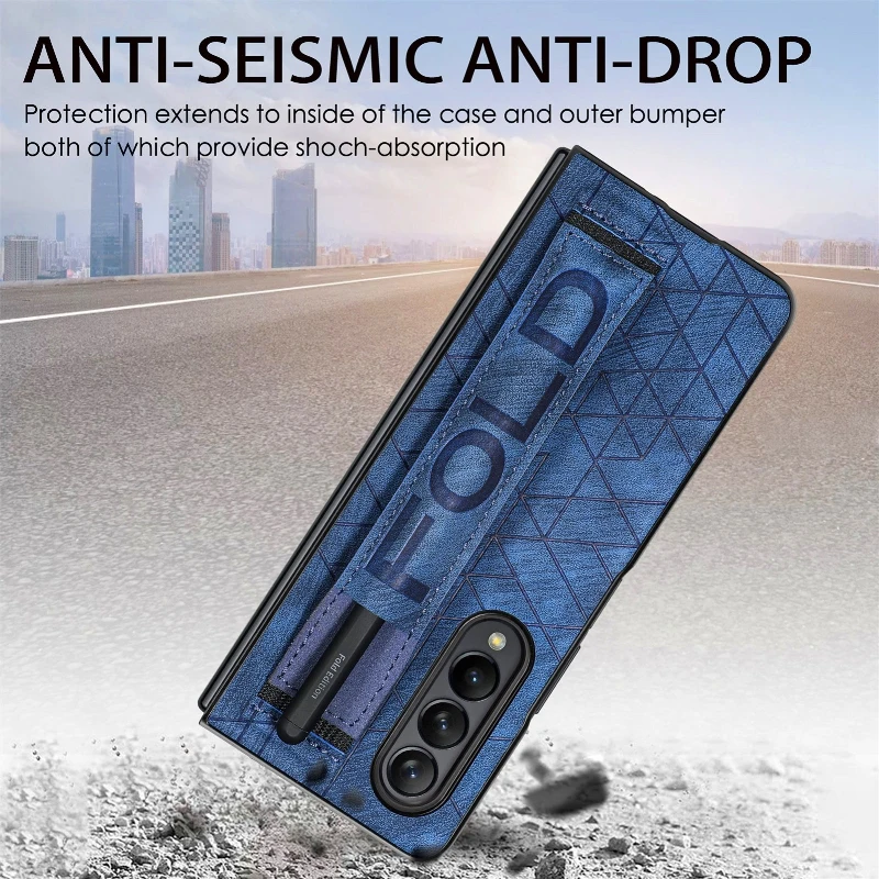 Wrist Strap Phone Case For Samsung Galaxy Z Fold 5 4 3 Phone Cover Shockproof Anti-Drop Back Cover With Pen Holder(Exclude Pen)