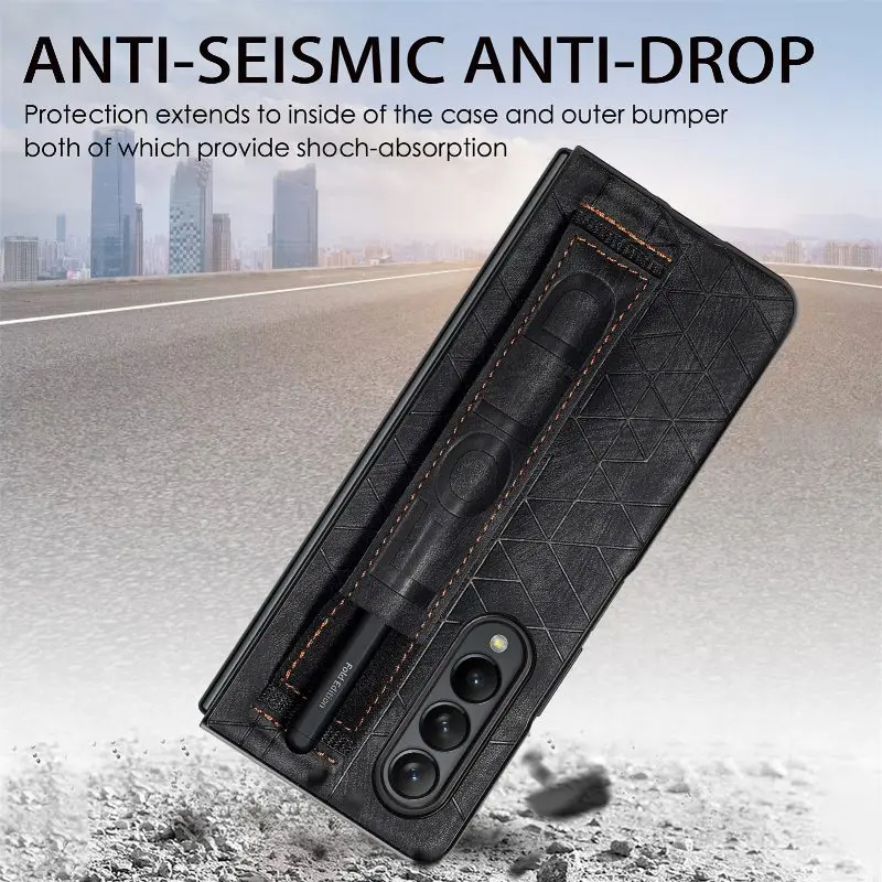 Wrist Strap Phone Case For Samsung Galaxy Z Fold 5 4 3 Phone Cover Shockproof Anti-Drop Back Cover With Pen Holder(Exclude Pen)