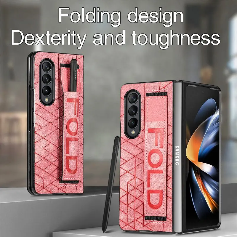 Wrist Strap Phone Case For Samsung Galaxy Z Fold 5 4 3 Phone Cover Shockproof Anti-Drop Back Cover With Pen Holder(Exclude Pen)