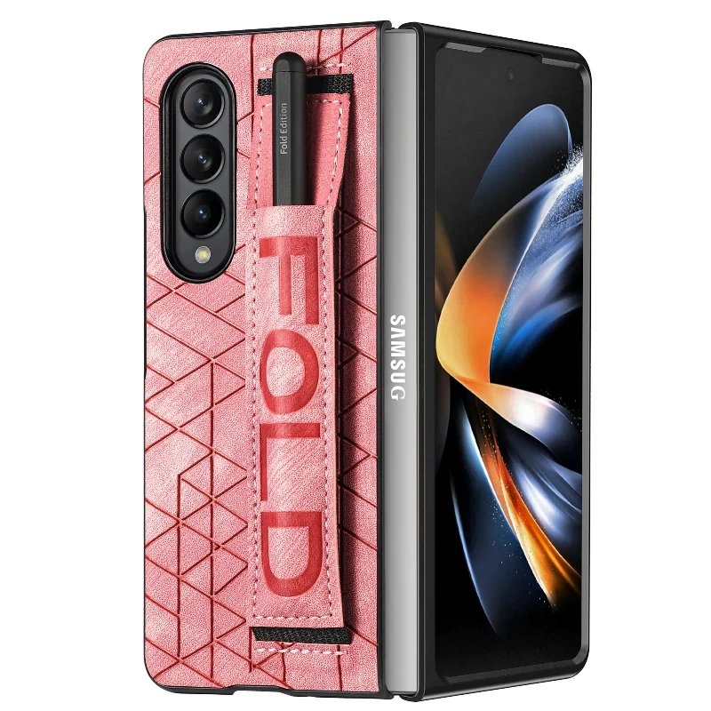 Wrist Strap Phone Case For Samsung Galaxy Z Fold 5 4 3 Phone Cover Shockproof Anti-Drop Back Cover With Pen Holder(Exclude Pen)
