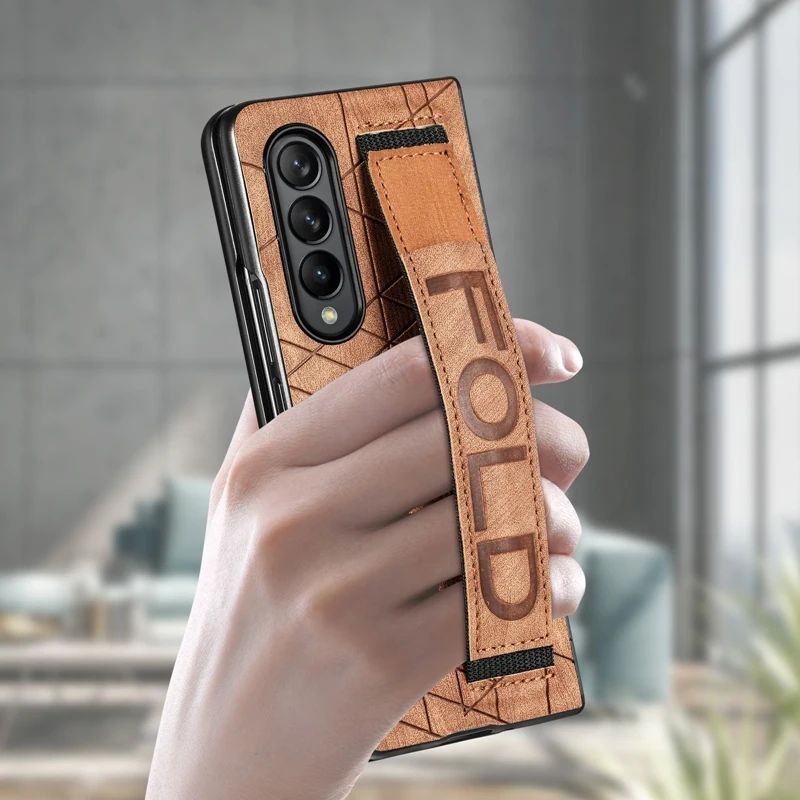 Wrist Strap Phone Case For Samsung Galaxy Z Fold 5 4 3 Phone Cover Shockproof Anti-Drop Back Cover With Pen Holder(Exclude Pen)