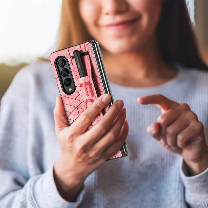 Wrist Strap Phone Case For Samsung Galaxy Z Fold 5 4 3 Phone Cover Shockproof Anti-Drop Back Cover With Pen Holder(Exclude Pen)