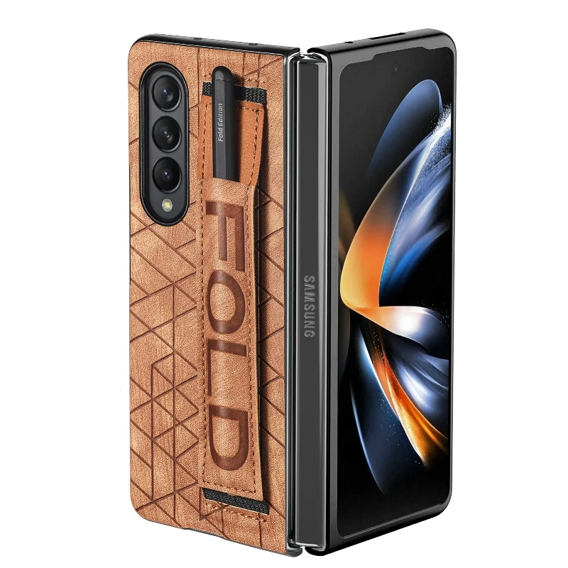 Wrist Strap Phone Case For Samsung Galaxy Z Fold 5 4 3 Phone Cover Shockproof Anti-Drop Back Cover With Pen Holder(Exclude Pen)