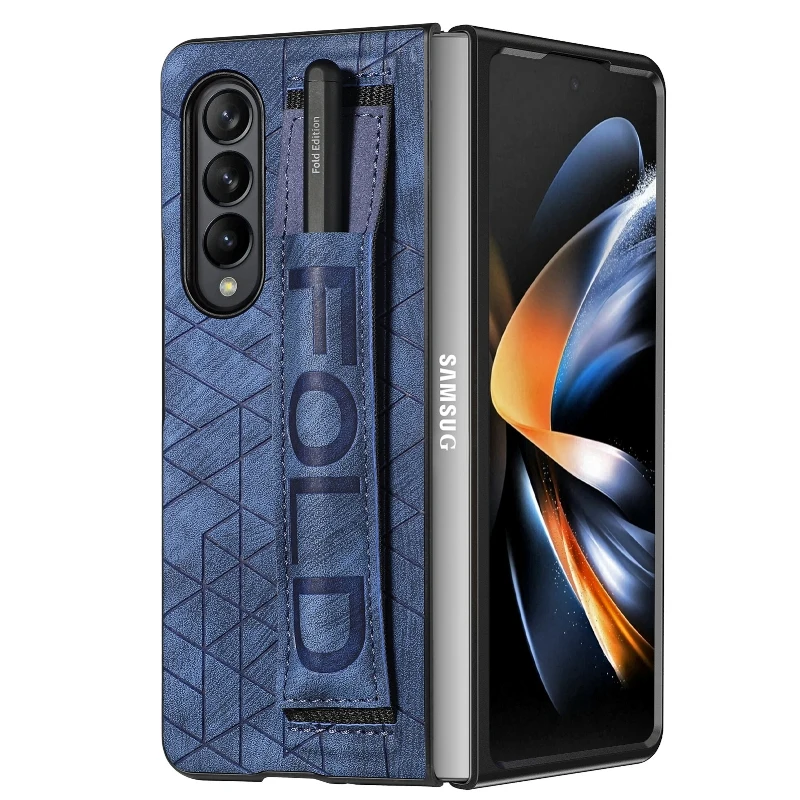 Wrist Strap Phone Case For Samsung Galaxy Z Fold 5 4 3 Phone Cover Shockproof Anti-Drop Back Cover With Pen Holder(Exclude Pen)