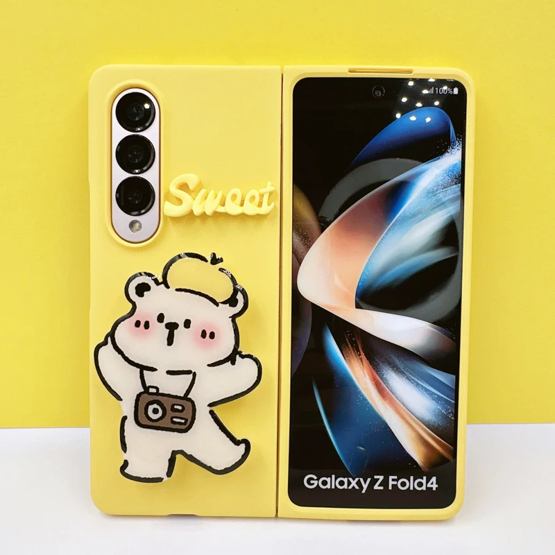 Funda Case for Samsung Galaxy Z Fold4 Z Fold3 Sweet Camera Bear Bracket Shockproof Protetcion Mobile Phone Case Cover Z Fold4