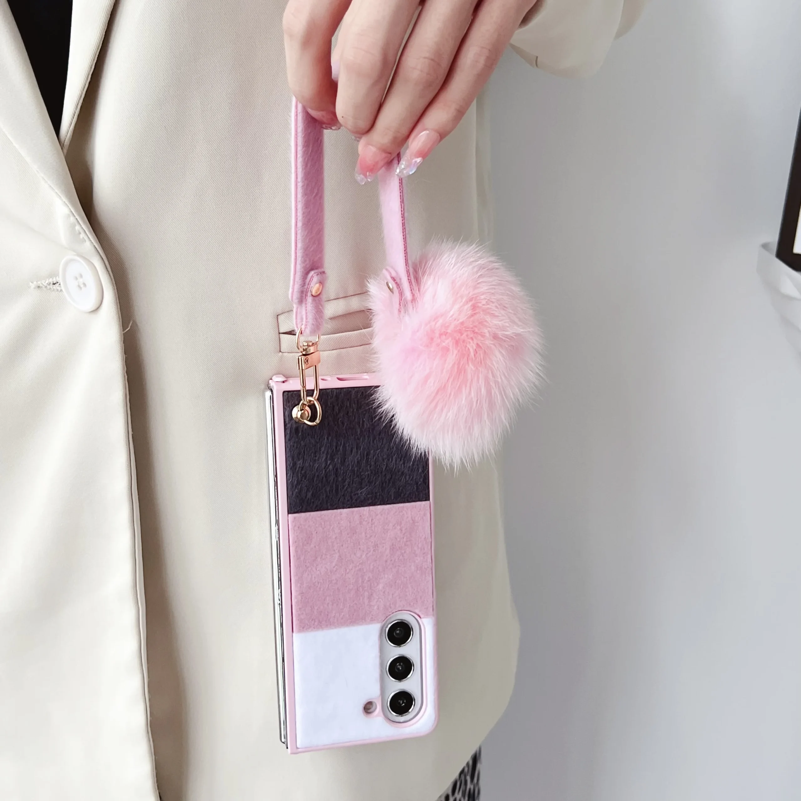 For Samsung Galaxy Z Fold 5 4 3 Case Skin Friendly Color Splicing Soft Edge Plush Ball Wrist Strap Folding Shockproof Hard Cover