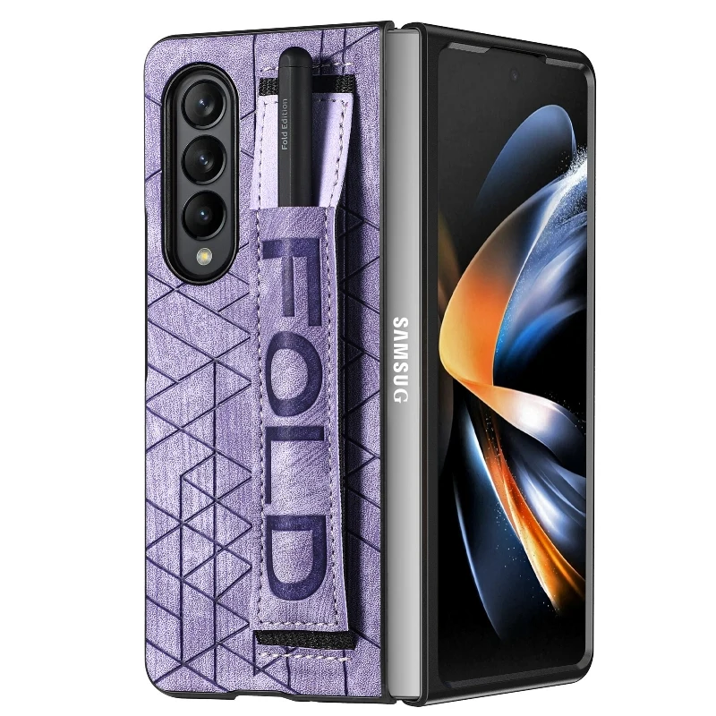 Wrist Strap Phone Case For Samsung Galaxy Z Fold 5 4 3 Phone Cover Shockproof Anti-Drop Back Cover With Pen Holder(Exclude Pen)