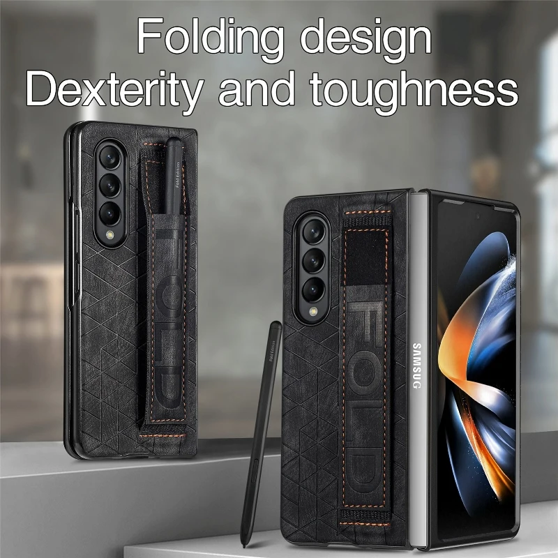 Wrist Strap Phone Case For Samsung Galaxy Z Fold 5 4 3 Phone Cover Shockproof Anti-Drop Back Cover With Pen Holder(Exclude Pen)