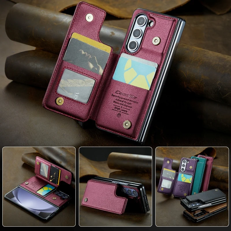 Solid Color Leather Phone Case For Samsung Galaxy Z Fold 5 Z Fold4 Z Fold 3 Magnetic Flip Case Wallet Card Phone Cover