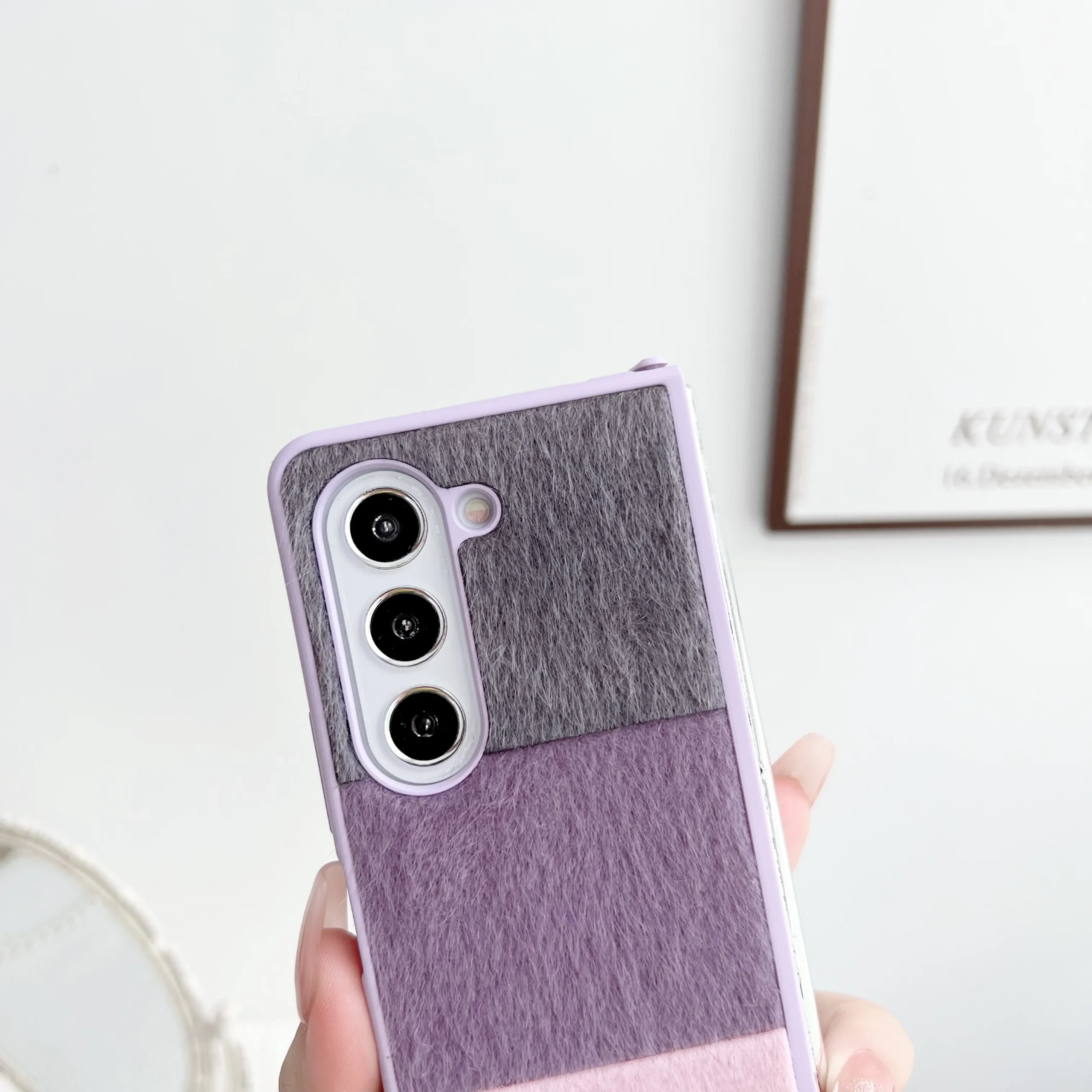 For Samsung Galaxy Z Fold 5 4 3 Case Skin Friendly Color Splicing Soft Edge Plush Ball Wrist Strap Folding Shockproof Hard Cover