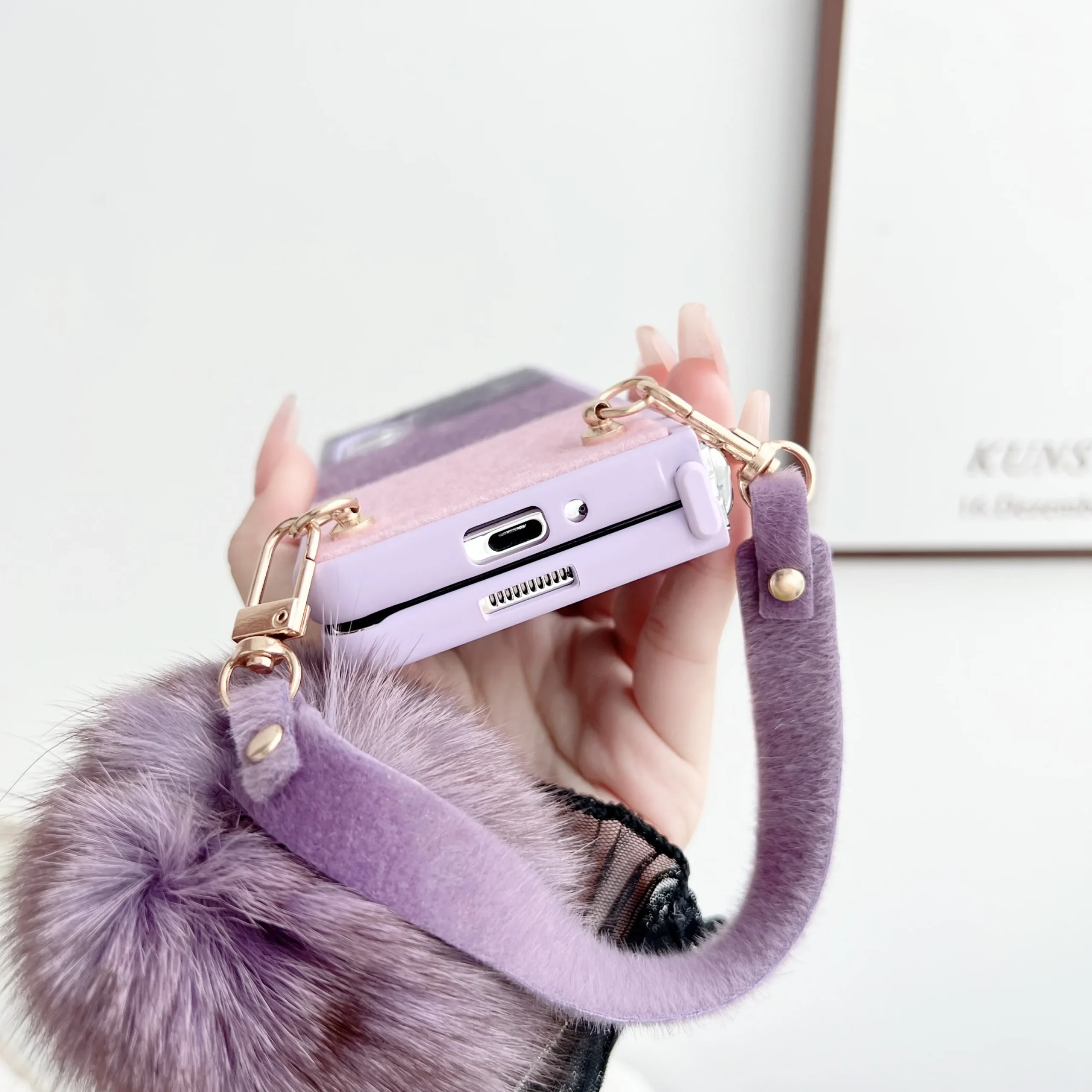 For Samsung Galaxy Z Fold 5 4 3 Case Skin Friendly Color Splicing Soft Edge Plush Ball Wrist Strap Folding Shockproof Hard Cover