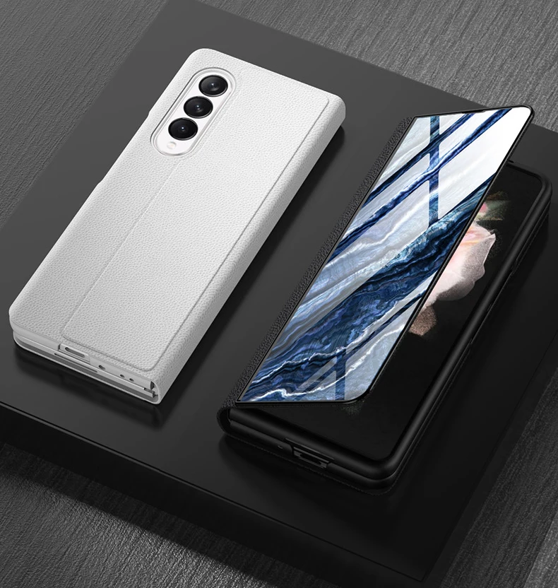 for Samsung Galaxy Z Fold 4 3 5G Case Luxury Marble Glass Leather Flip Cover for Galaxy Z Flold3 Full Protect Kickstand Funda