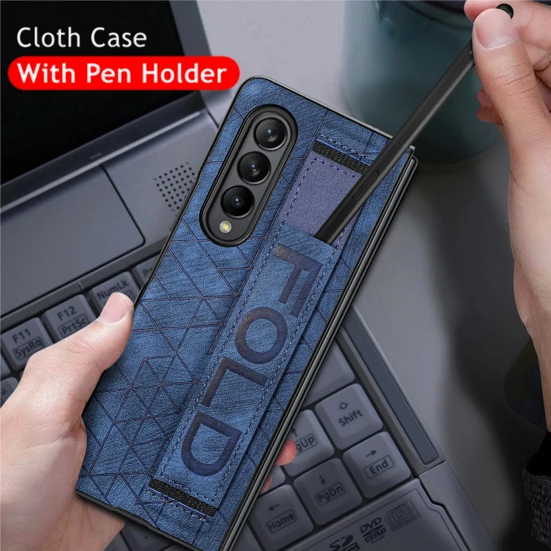 Wrist Strap Phone Case For Samsung Galaxy Z Fold 5 4 3 Phone Cover Shockproof Anti-Drop Back Cover With Pen Holder(Exclude Pen)
