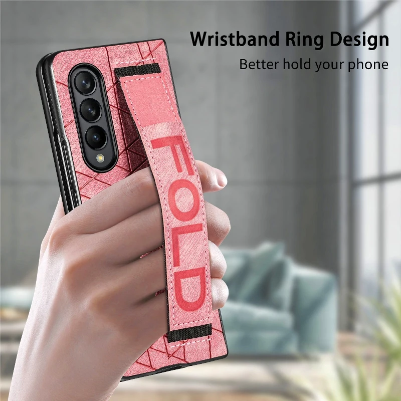 Wrist Strap Phone Case For Samsung Galaxy Z Fold 5 4 3 Phone Cover Shockproof Anti-Drop Back Cover With Pen Holder(Exclude Pen)