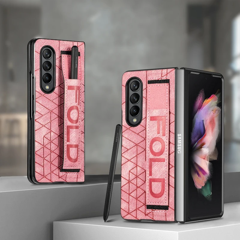 Wrist Strap Phone Case For Samsung Galaxy Z Fold 5 4 3 Phone Cover Shockproof Anti-Drop Back Cover With Pen Holder(Exclude Pen)