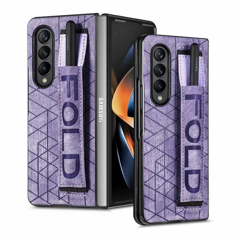 Wrist Strap Phone Case For Samsung Galaxy Z Fold 5 4 3 Phone Cover Shockproof Anti-Drop Back Cover With Pen Holder(Exclude Pen)