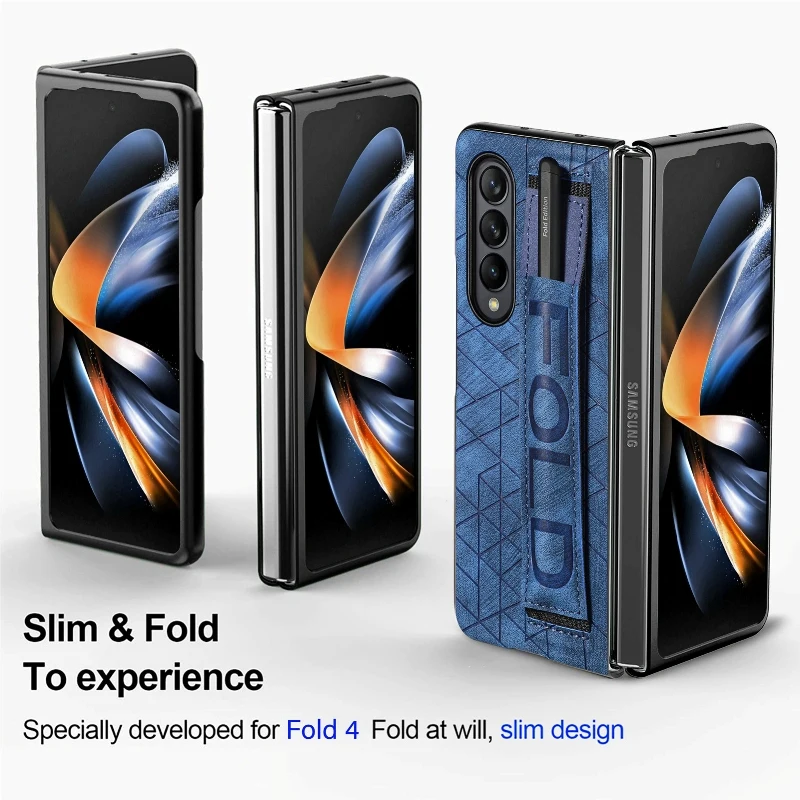 Wrist Strap Phone Case For Samsung Galaxy Z Fold 5 4 3 Phone Cover Shockproof Anti-Drop Back Cover With Pen Holder(Exclude Pen)