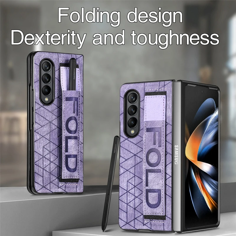 Wrist Strap Phone Case For Samsung Galaxy Z Fold 5 4 3 Phone Cover Shockproof Anti-Drop Back Cover With Pen Holder(Exclude Pen)
