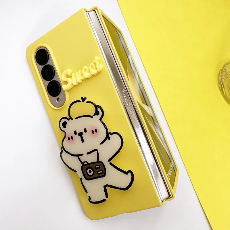 Funda Case for Samsung Galaxy Z Fold4 Z Fold3 Sweet Camera Bear Bracket Shockproof Protetcion Mobile Phone Case Cover Z Fold4