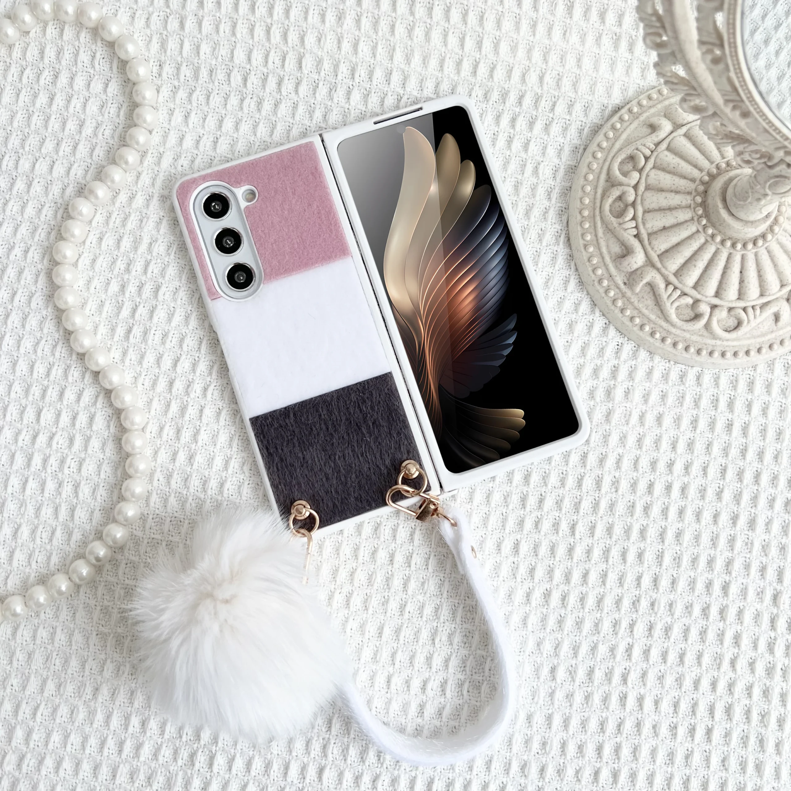 For Samsung Galaxy Z Fold 5 4 3 Case Skin Friendly Color Splicing Soft Edge Plush Ball Wrist Strap Folding Shockproof Hard Cover