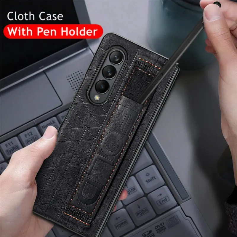 Wrist Strap Phone Case For Samsung Galaxy Z Fold 5 4 3 Phone Cover Shockproof Anti-Drop Back Cover With Pen Holder(Exclude Pen)