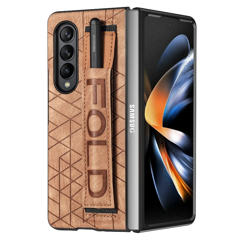 Wrist Strap Phone Case For Samsung Galaxy Z Fold 5 4 3 Phone Cover Shockproof Anti-Drop Back Cover With Pen Holder(Exclude Pen)