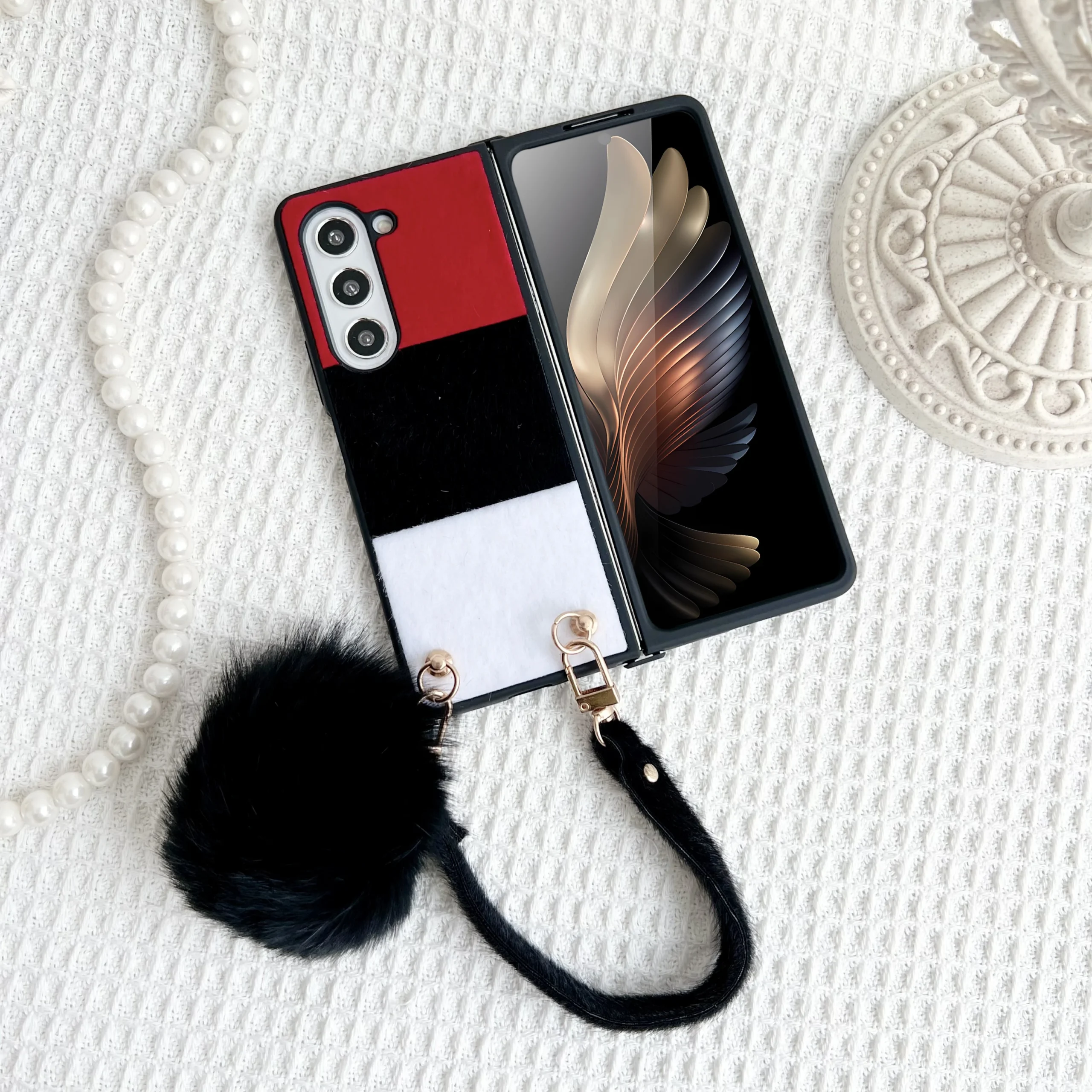 For Samsung Galaxy Z Fold 5 4 3 Case Skin Friendly Color Splicing Soft Edge Plush Ball Wrist Strap Folding Shockproof Hard Cover