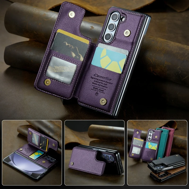 Solid Color Leather Phone Case For Samsung Galaxy Z Fold 5 Z Fold4 Z Fold 3 Magnetic Flip Case Wallet Card Phone Cover