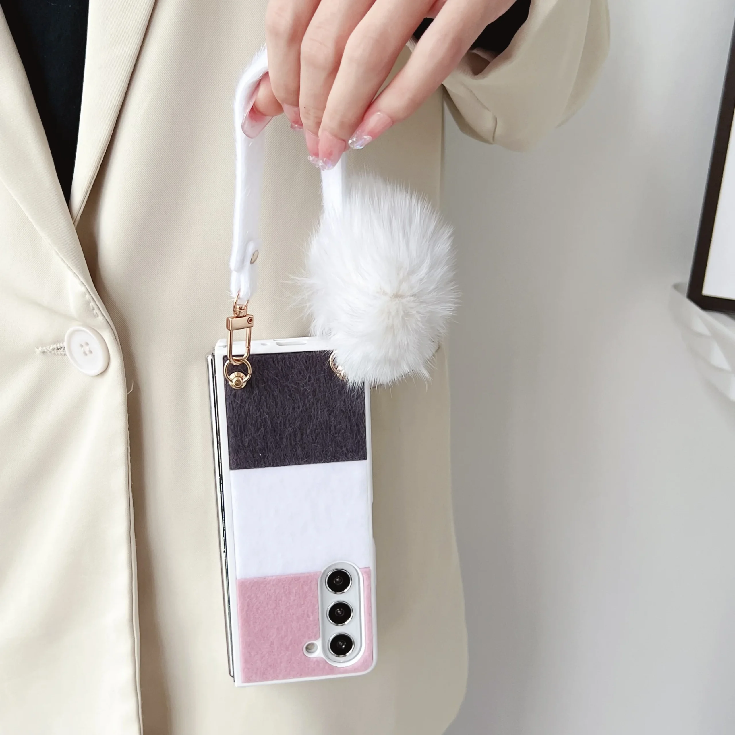 For Samsung Galaxy Z Fold 5 4 3 Case Skin Friendly Color Splicing Soft Edge Plush Ball Wrist Strap Folding Shockproof Hard Cover