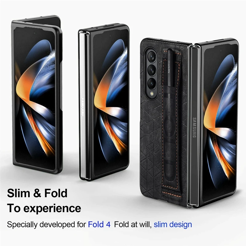 Wrist Strap Phone Case For Samsung Galaxy Z Fold 5 4 3 Phone Cover Shockproof Anti-Drop Back Cover With Pen Holder(Exclude Pen)
